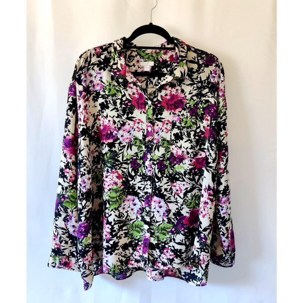 j. Jill Floral Long Sleeve Multicolor Shirt‎ Blouse Sz XL Collared Front Pocket